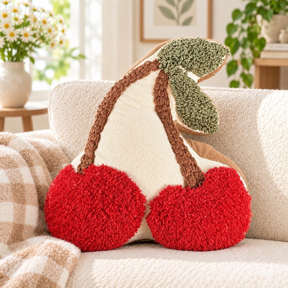 World Market Cherry Shaped Pillow Tufted Red Fruit Decor Whimsical Aesthetic Boh